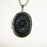 BLACK ROSE Cameo Necklace Locket Pendant Victorian MOURNING Goth Design