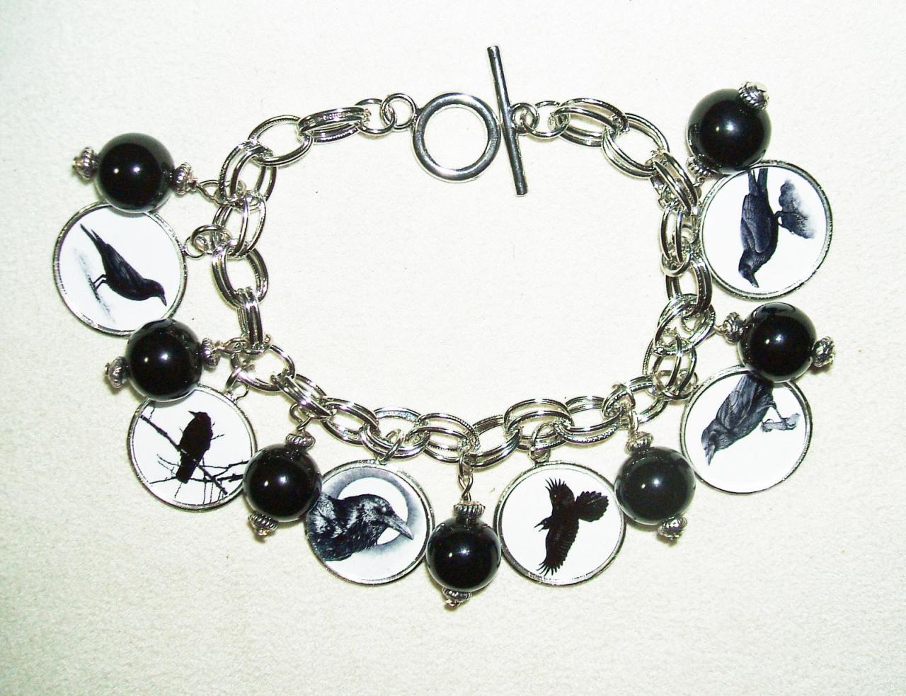 Crow Raven Black Bird Charm Bracelet Altered Art