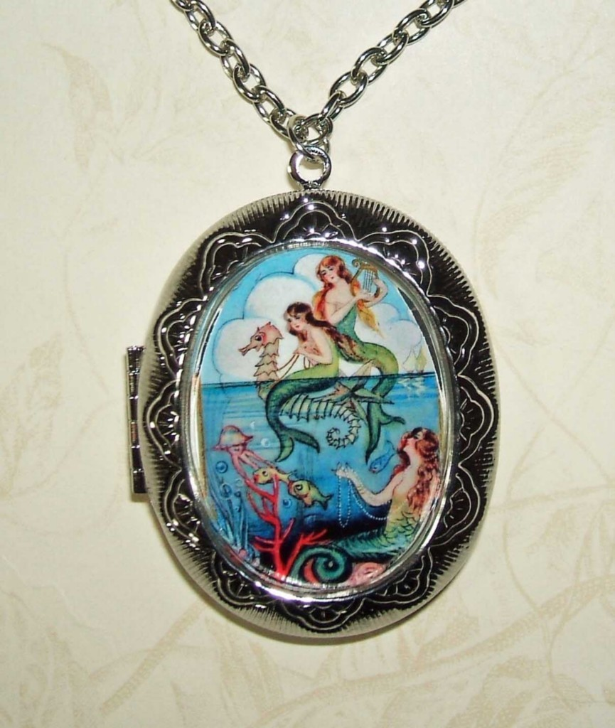 Mermaid Necklace Locket Mermaids Pendant Photo Holder Vintage Illustration