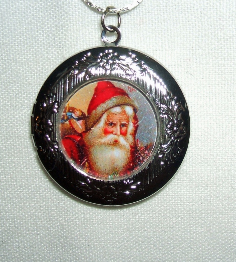 Victorian Santa Locket Necklace Pendant Vintage Christmas Card Art