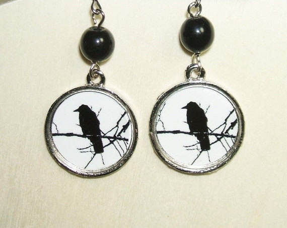 Crow On A Branch Earrings Black Bird Altered Art Charms Pierced Earrings